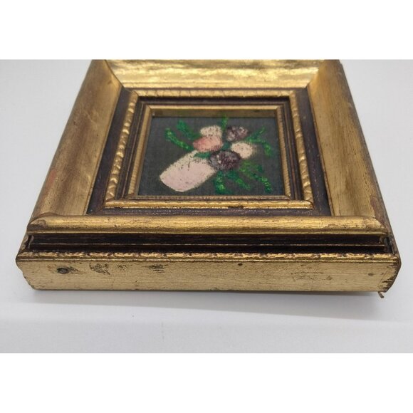 Vintage Miniature Original Floral Painting on Fabric Framed Art 3.5" x 3.5" - Picture 3 of 9